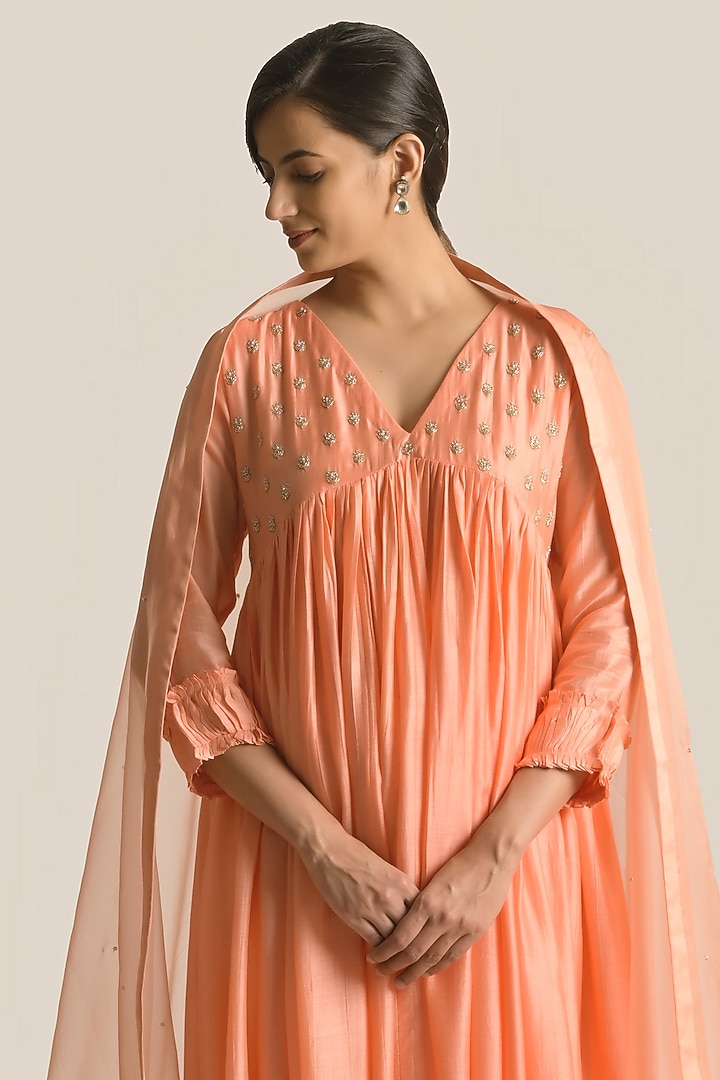 Orange Silk Cotton Embroidered Flared Kurta Set by Cupid Cotton at Pernia's Pop Up Shop