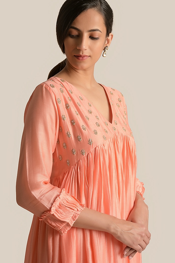 Orange Silk Cotton Embroidered Flared Kurta Set by Cupid Cotton at Pernia's Pop Up Shop