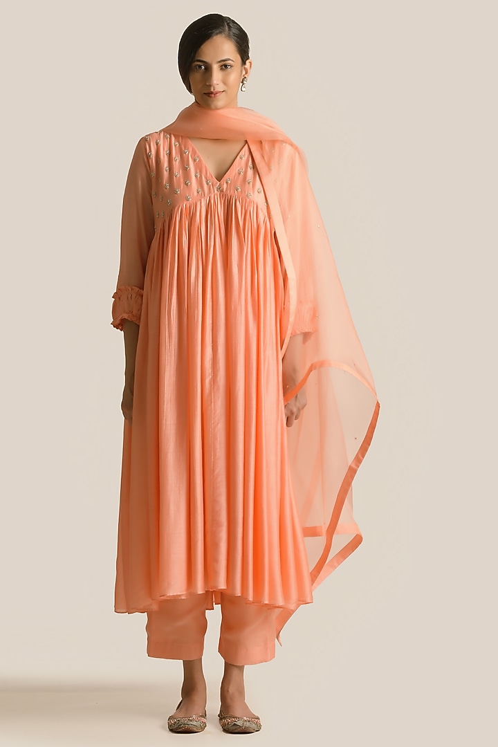 Orange Silk Cotton Embroidered Flared Kurta Set by Cupid Cotton at Pernia's Pop Up Shop