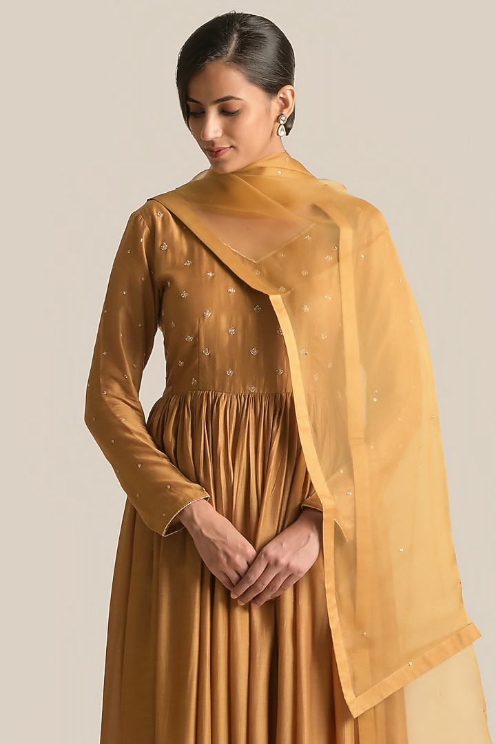 Gold Cotton Silk Party Wear Anarkali Set by Cupid Cotton at Pernia's Pop Up Shop
