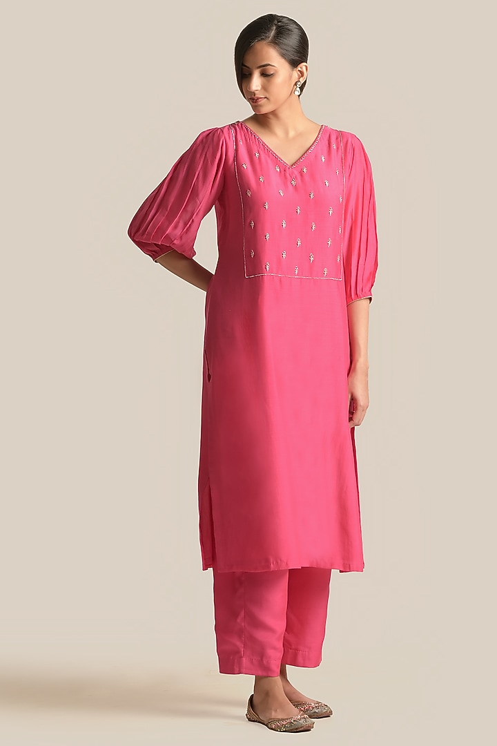 Pink Silk Embroidered Kurta Set by Cupid Cotton at Pernia's Pop Up Shop
