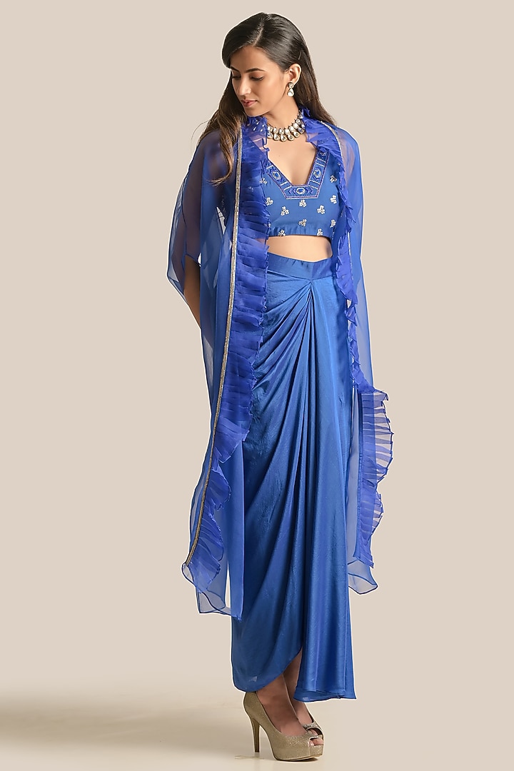 Royal Blue Silk Organza Cape Set by Cupid Cotton at Pernia's Pop Up Shop