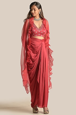 Red Silk & Organza Cape Set by Cupid Cotton