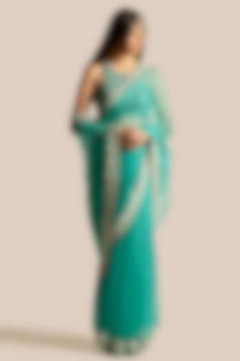 Teal Organza & Silk Hand Embroidered Wedding Saree Set by Cupid Cotton at Pernia's Pop Up Shop