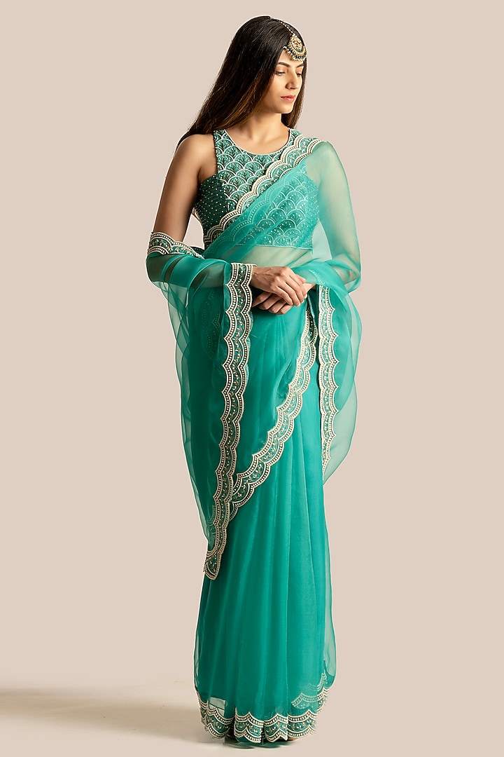 Teal Organza & Silk Hand Embroidered Wedding Saree Set by Cupid Cotton at Pernia's Pop Up Shop