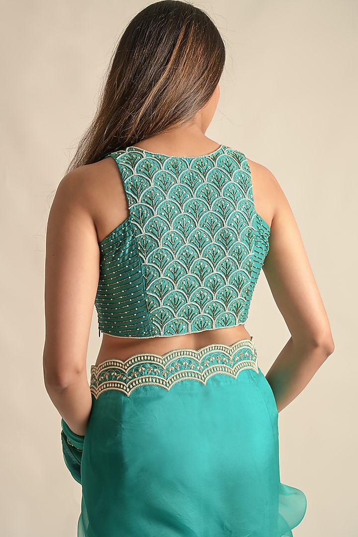 Teal Organza & Silk Hand Embroidered Wedding Saree Set by Cupid Cotton at Pernia's Pop Up Shop