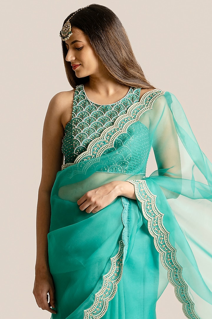Teal Organza & Silk Hand Embroidered Wedding Saree Set by Cupid Cotton at Pernia's Pop Up Shop