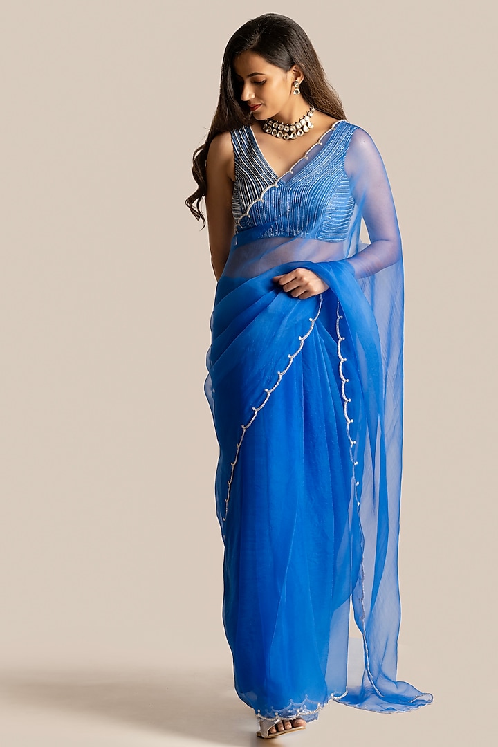 Royal Blue Organza & Silk Hand Embroidered Party Wear Saree Set by Cupid Cotton at Pernia's Pop Up Shop