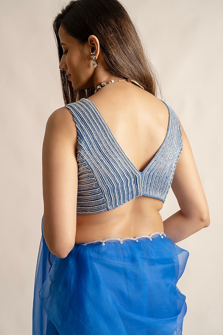 Royal Blue Organza & Silk Hand Embroidered Party Wear Saree Set by Cupid Cotton at Pernia's Pop Up Shop