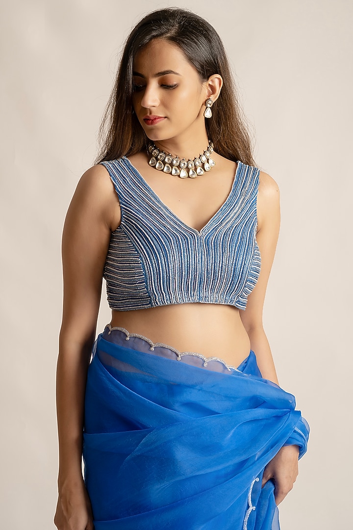 Royal Blue Organza & Silk Hand Embroidered Party Wear Saree Set by Cupid Cotton at Pernia's Pop Up Shop