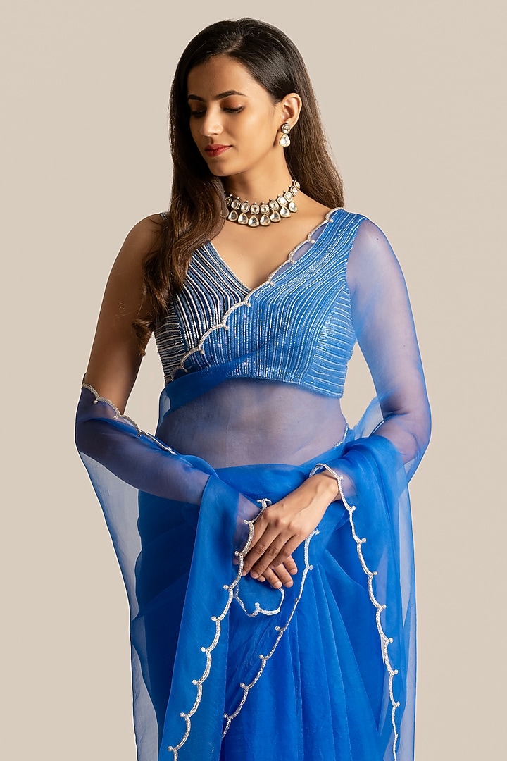 Royal Blue Organza & Silk Hand Embroidered Party Wear Saree Set by Cupid Cotton at Pernia's Pop Up Shop