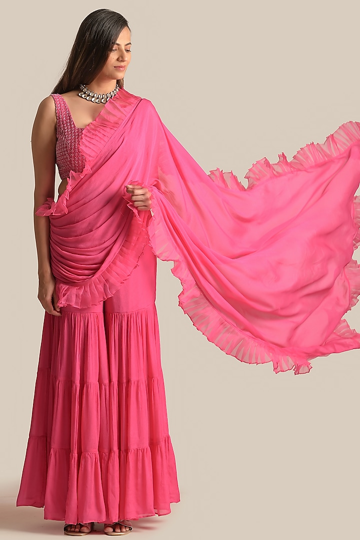Pink Chiffon & Silk Ruffled Pant Wedding Saree Set by Cupid Cotton at Pernia's Pop Up Shop