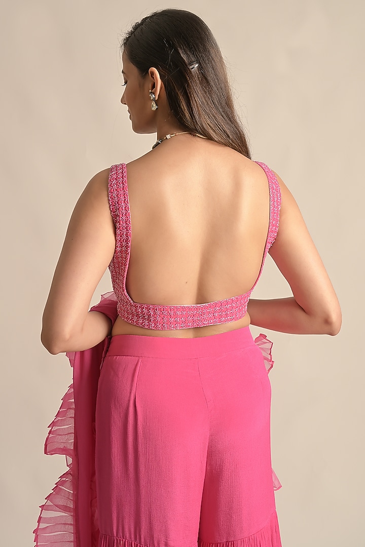 Pink Chiffon & Silk Ruffled Pant Wedding Saree Set by Cupid Cotton at Pernia's Pop Up Shop
