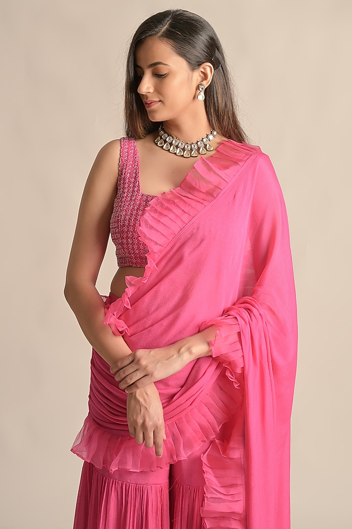 Pink Chiffon & Silk Ruffled Pant Wedding Saree Set by Cupid Cotton at Pernia's Pop Up Shop