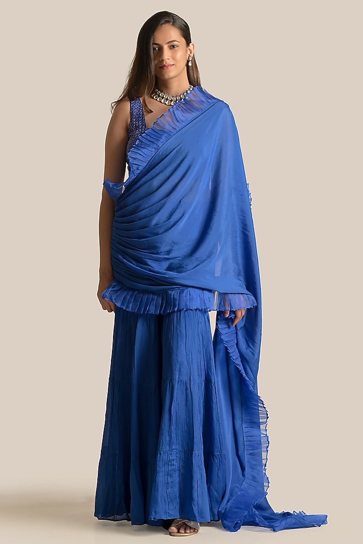 Blue Chiffon & Silk Ruffled Pant Wedding Saree Set by Cupid Cotton at Pernia's Pop Up Shop