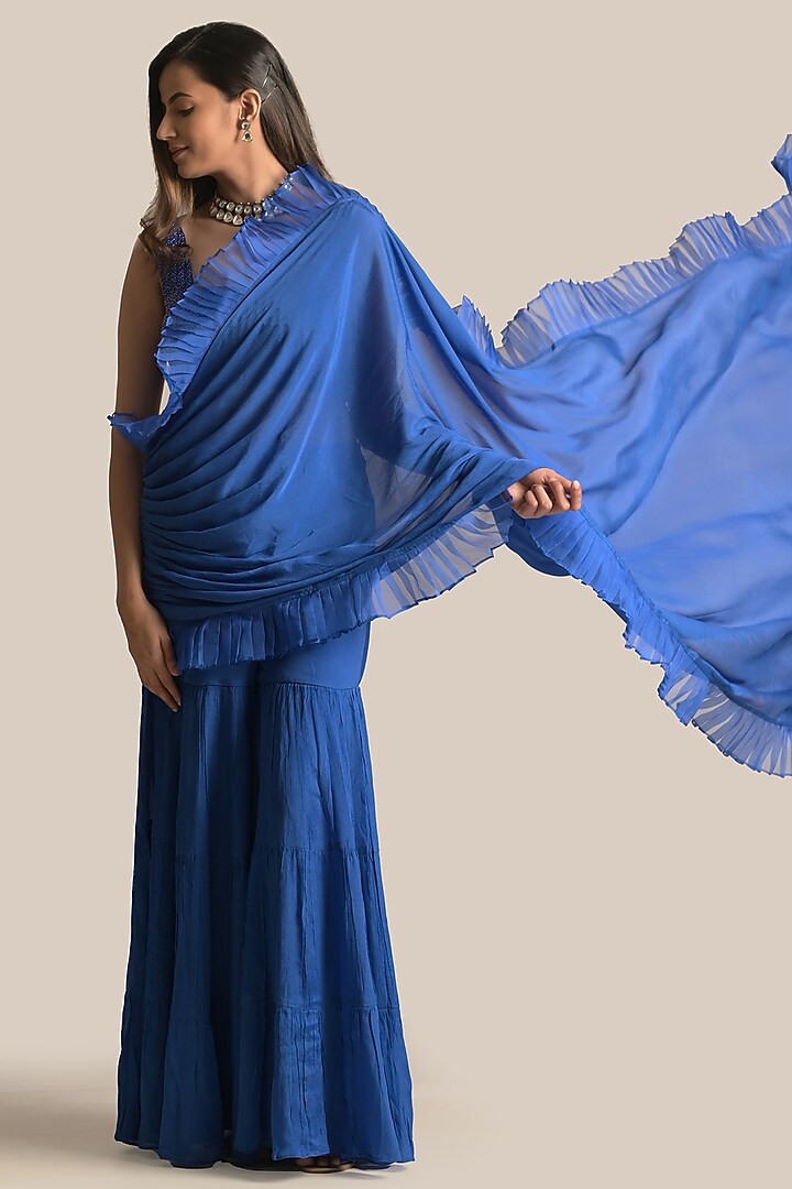 Blue Chiffon & Silk Ruffled Pant Wedding Saree Set by Cupid Cotton at Pernia's Pop Up Shop