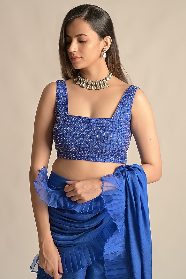 Blue Chiffon & Silk Ruffled Pant Wedding Saree Set by Cupid Cotton at Pernia's Pop Up Shop