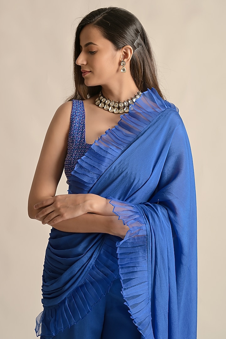 Blue Chiffon & Silk Ruffled Pant Wedding Saree Set by Cupid Cotton at Pernia's Pop Up Shop