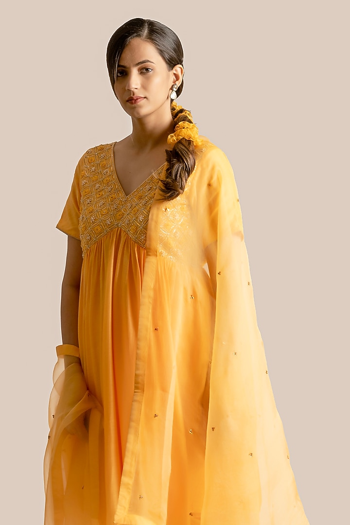 Yellow Silk Embroidered Kurta Set by Cupid Cotton at Pernia's Pop Up Shop