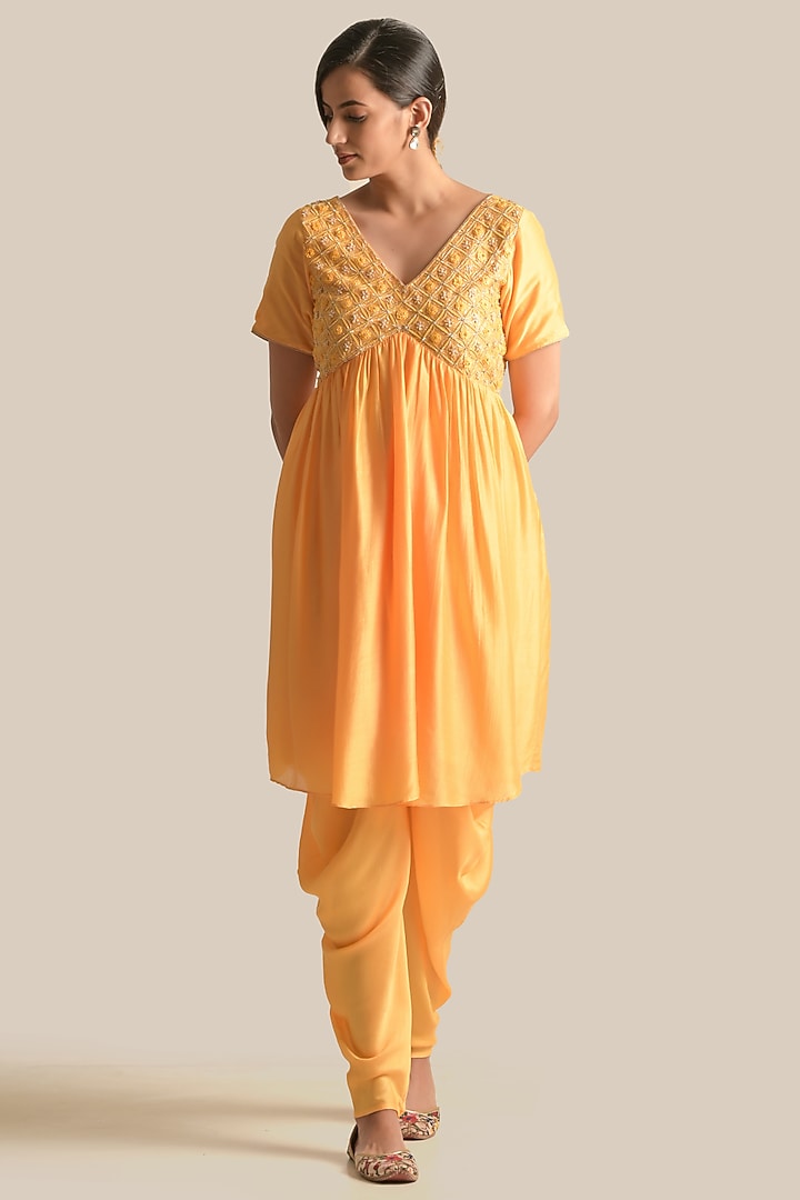 Yellow Silk Embroidered Kurta Set by Cupid Cotton at Pernia's Pop Up Shop
