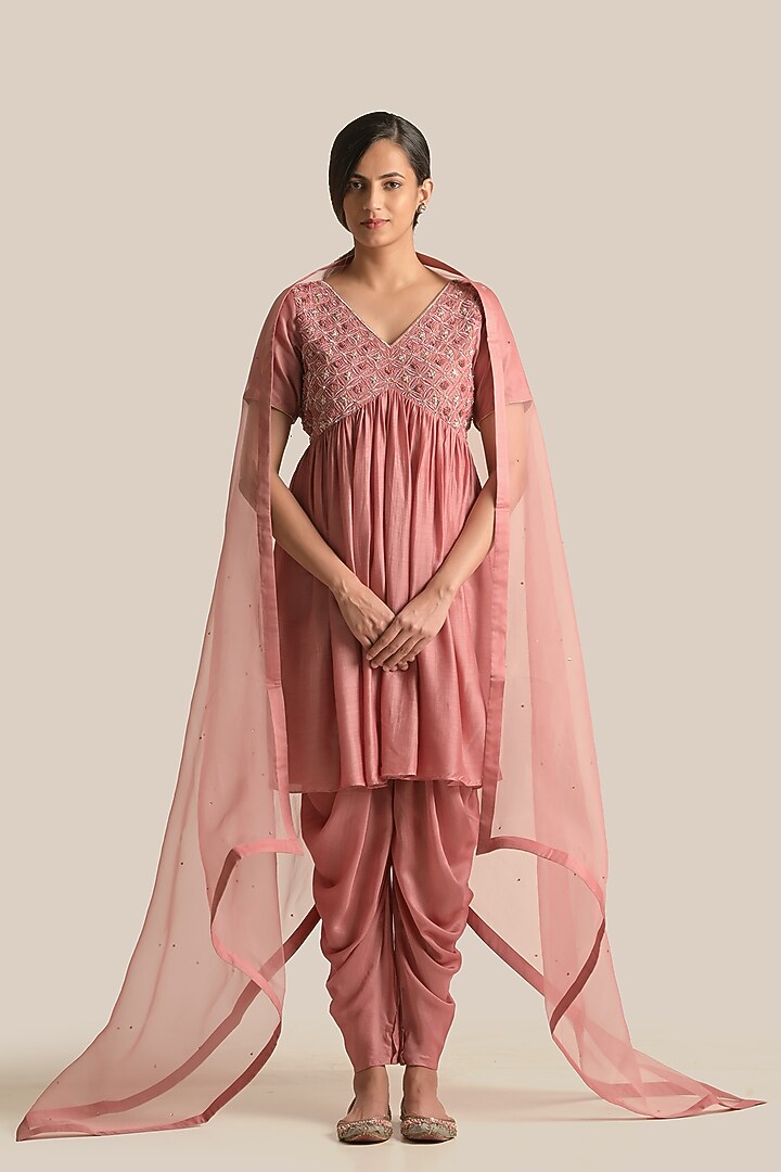 Rust Silk Resham Embroidered Kurta Set by Cupid Cotton at Pernia's Pop Up Shop