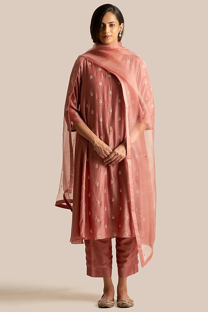 Rust Silk Cotton Resham Embroidered Kurta Set by Cupid Cotton at Pernia's Pop Up Shop