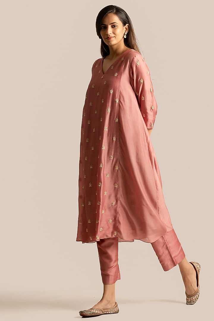 Rust Silk Cotton Resham Embroidered Kurta Set by Cupid Cotton at Pernia's Pop Up Shop