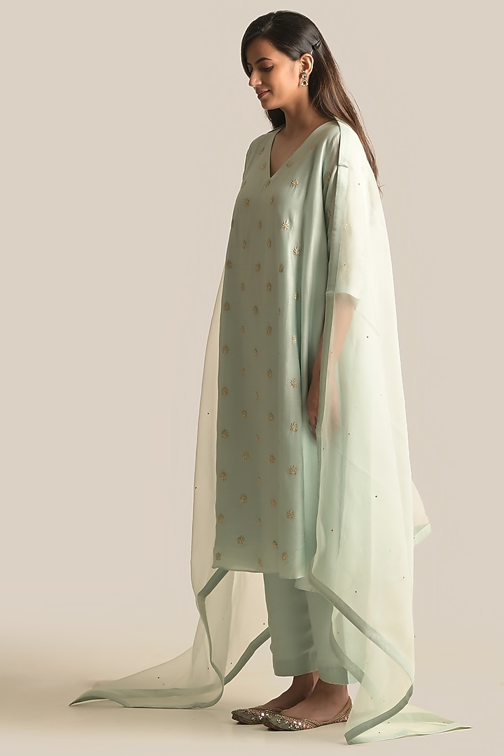 Aqua Blue Silk Cotton Resham Embroidered Kurta Set by Cupid Cotton at Pernia's Pop Up Shop