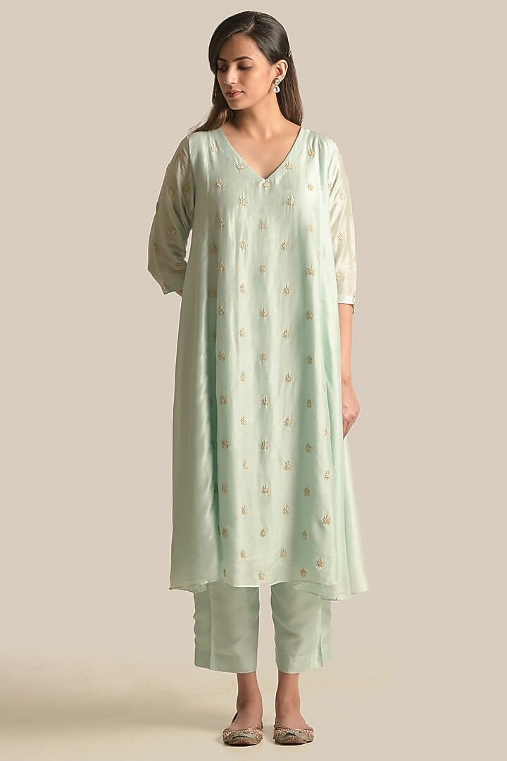Aqua Blue Silk Cotton Resham Embroidered Kurta Set by Cupid Cotton at Pernia's Pop Up Shop
