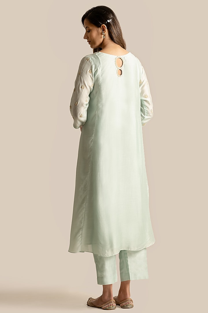 Aqua Blue Silk Cotton Resham Embroidered Kurta Set by Cupid Cotton at Pernia's Pop Up Shop