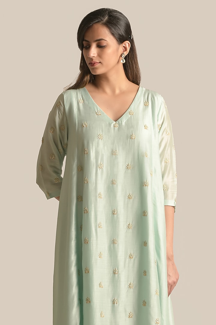 Aqua Blue Silk Cotton Resham Embroidered Kurta Set by Cupid Cotton at Pernia's Pop Up Shop
