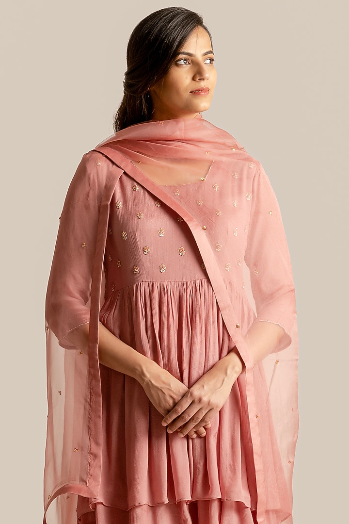 Rust Chiffon & Bemberg Silk Resham Embroidered Kurta Set by Cupid Cotton at Pernia's Pop Up Shop