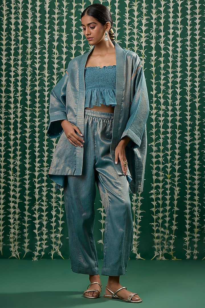 Teal Tissue & Chanderi Sitara Embroidered Cape Set by Cupid Cotton at Pernia's Pop Up Shop