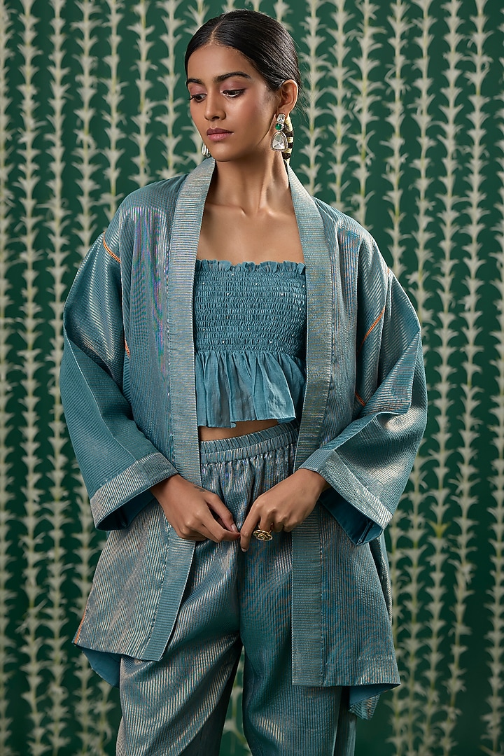Teal Tissue & Chanderi Sitara Embroidered Cape Set by Cupid Cotton at Pernia's Pop Up Shop
