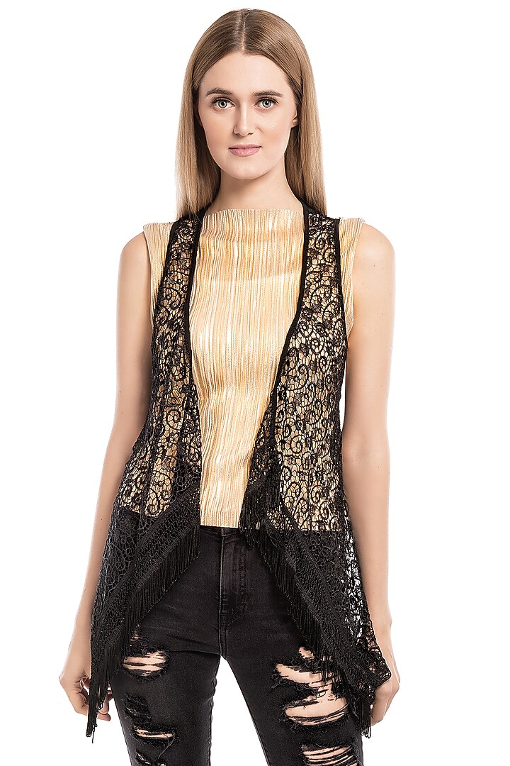 Black Gilet With Lace Panels by Curador at Pernia's Pop Up Shop
