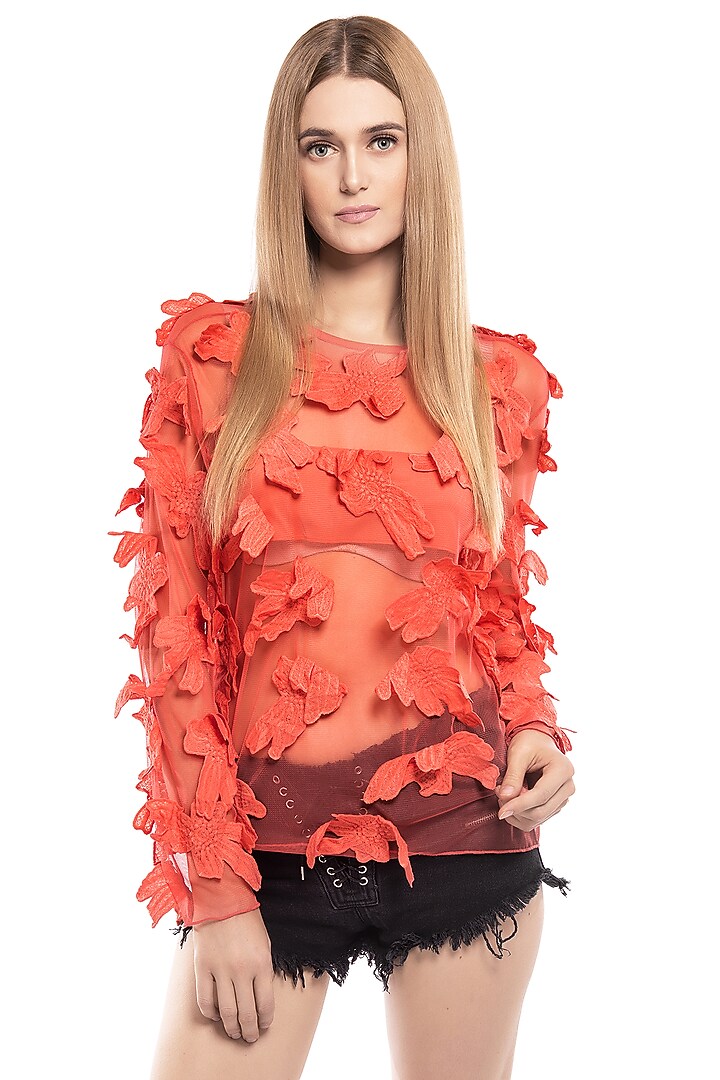 Orange Top With Mesh Embroidery by Curador at Pernia's Pop Up Shop