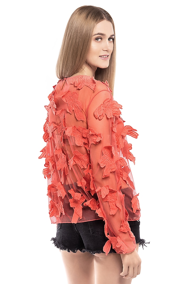 Orange Top With Mesh Embroidery by Curador at Pernia's Pop Up Shop