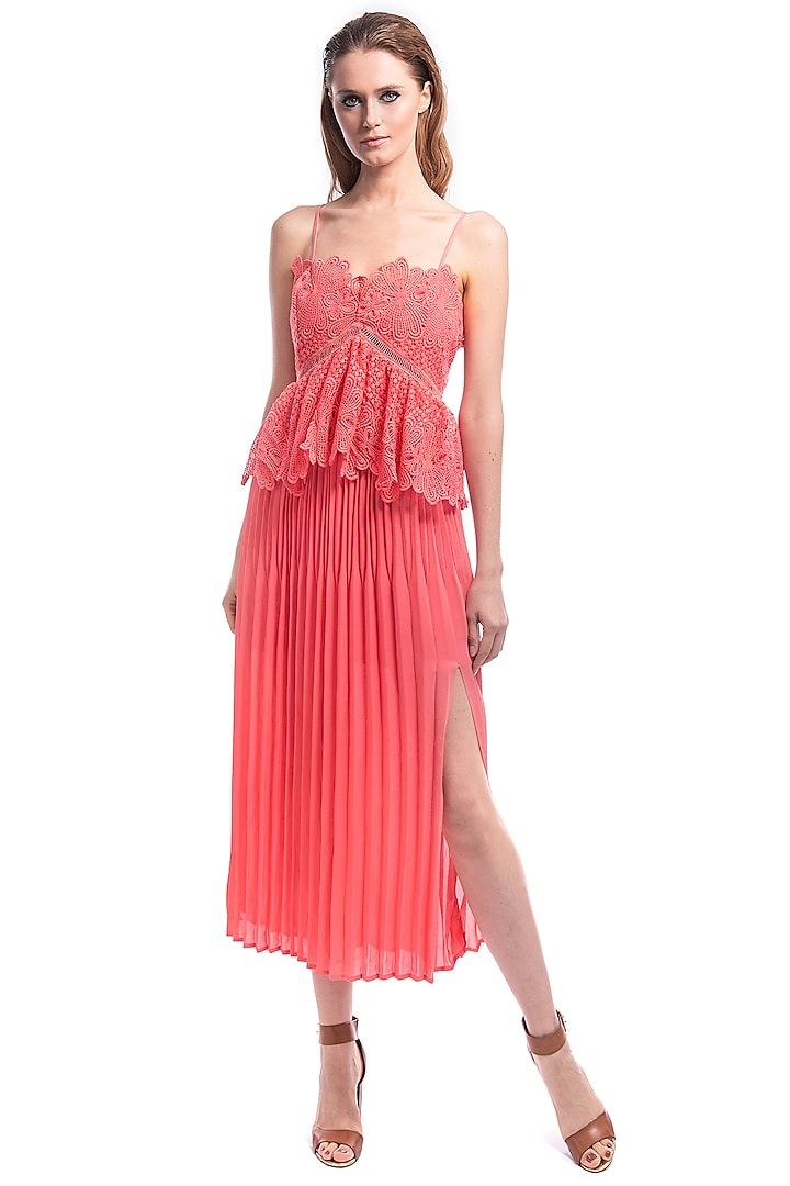 Coral Pleated Dress With Ruffles by Curador