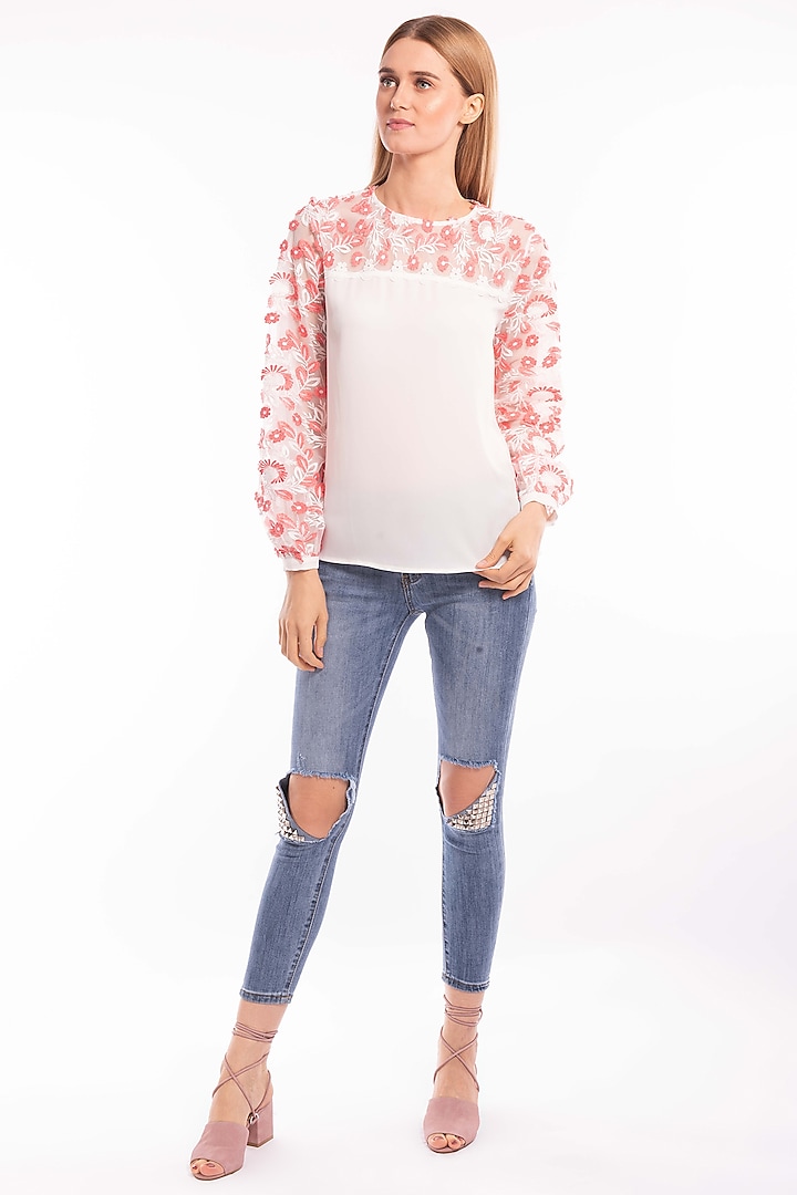 White & Coral Top With Floral Embroidery by Curador