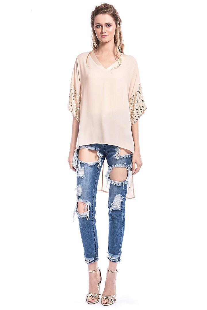 Beige High-Low Embroidered Tunic by Curador