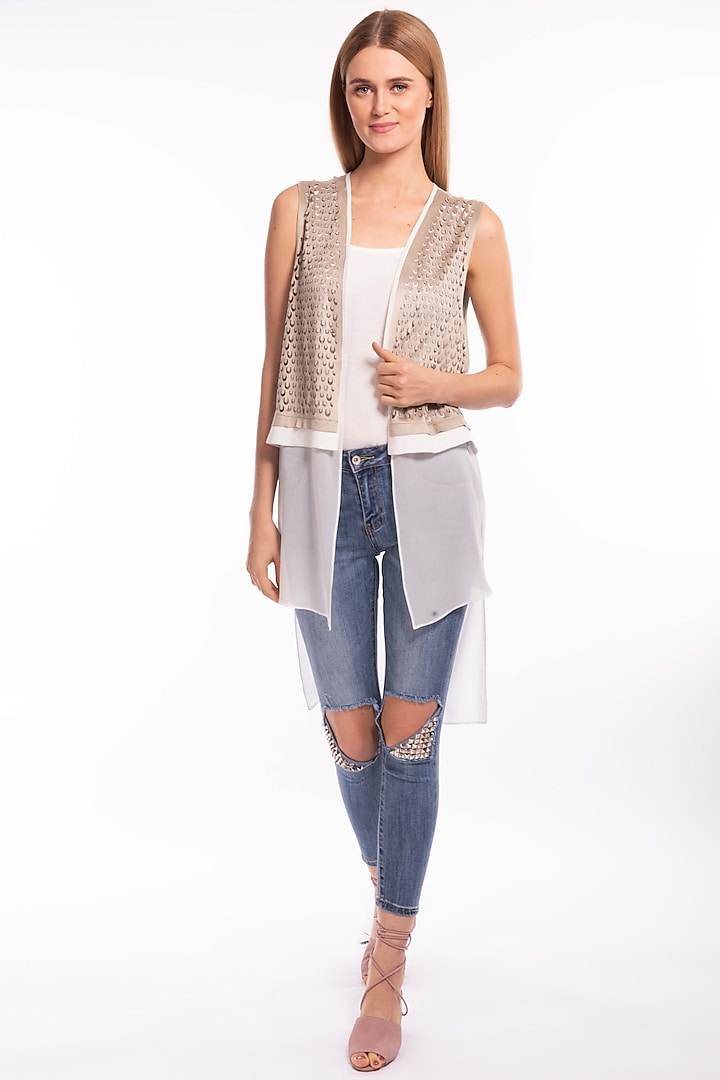 Beige Gilet With Laser Cut Detailing by Curador at Pernia's Pop Up Shop