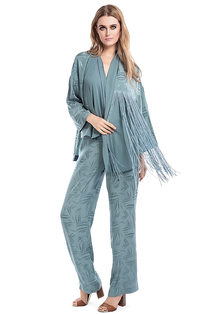 Teal Blue Kimono Top With Pants by Curador