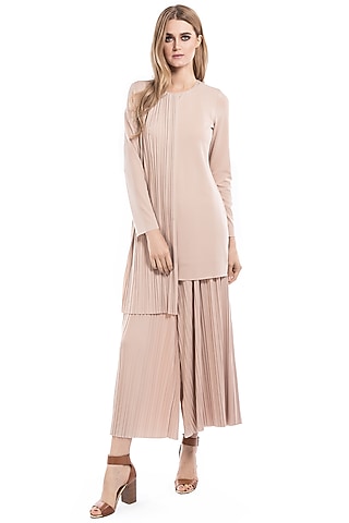 Beige Top With Palazzo Pants by Curador