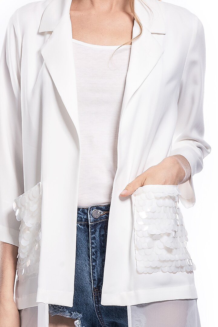 White Kimono Top With Sequin Pockets by Curador at Pernia's Pop Up Shop