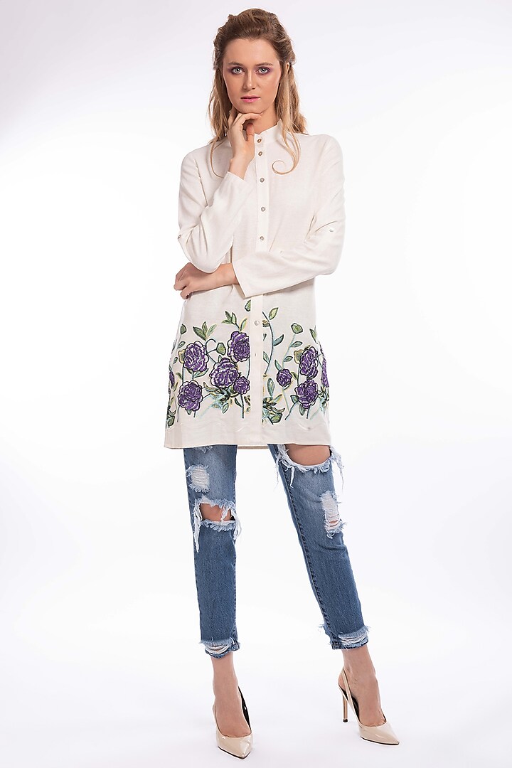 Cream Top With Purple Floral Embroidery by Curador