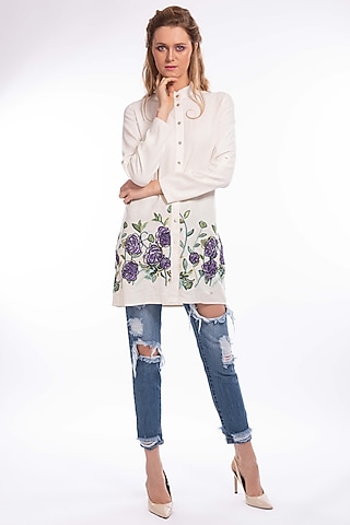 Cream Top With Purple Floral Embroidery by Curador