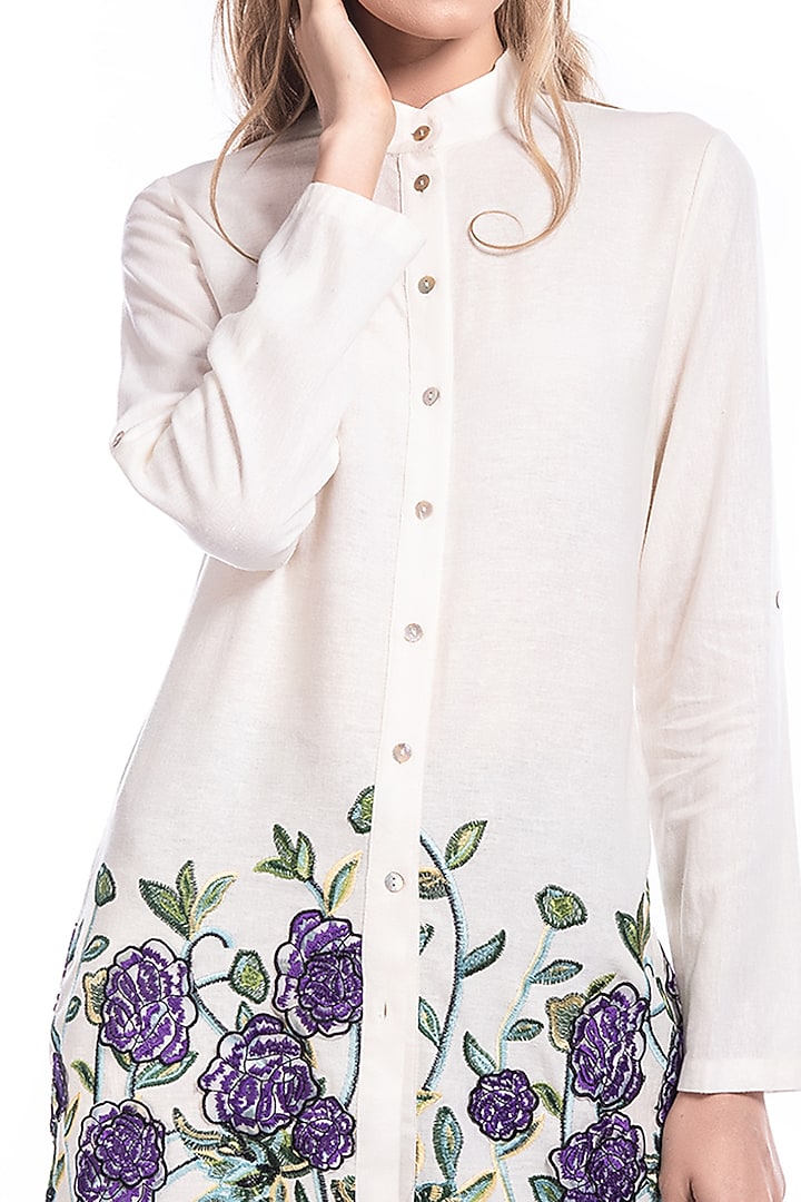 Cream Top With Purple Floral Embroidery by Curador at Pernia's Pop Up Shop