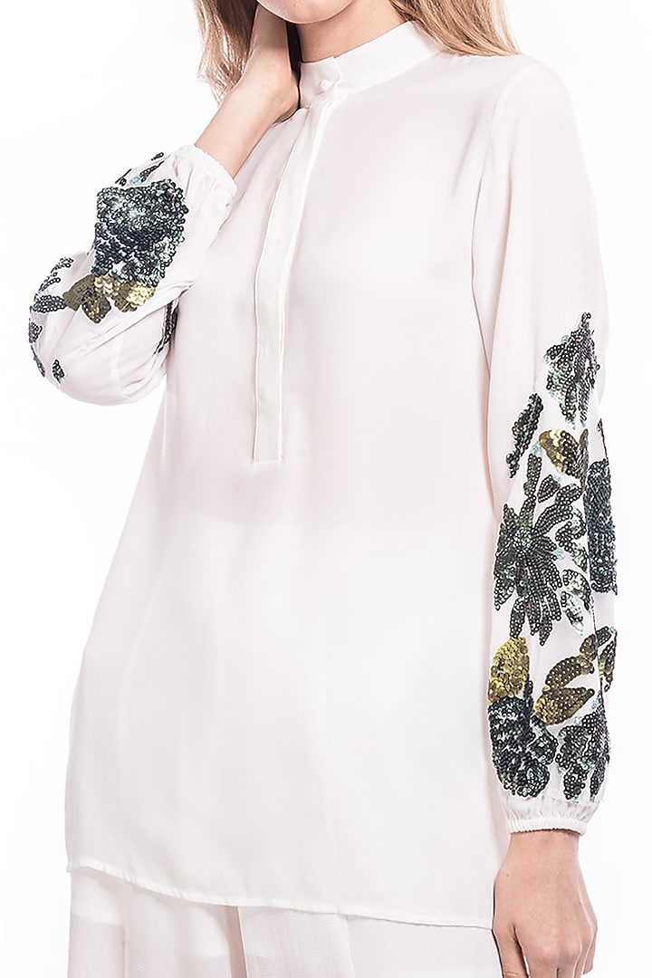White Tunic With Sequins Embroidery by Curador at Pernia's Pop Up Shop