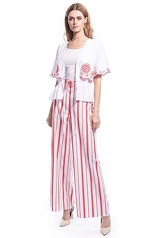 White Embroidered Top With Pants by Curador