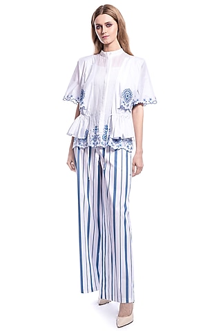 White Floral Embroidered Top With Pants by Curador